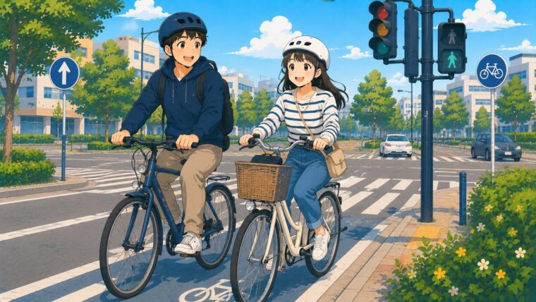 自転車の交通ルールを確認する人と元教官のイメージ