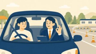 自動車教習所の検定を受ける教習生と教官のイラスト