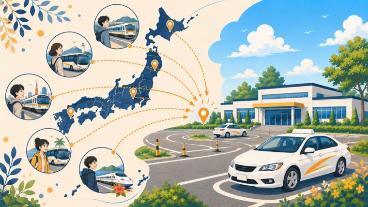 地方の教習所に全国から人が集まるイメージ