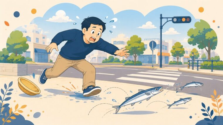 お父さんが街でサンマを落として追いかける、追い越し禁止場所の語呂合わせイラスト