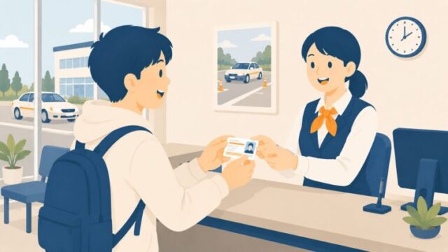 免許センターで免許証を受け取る若者のイラスト