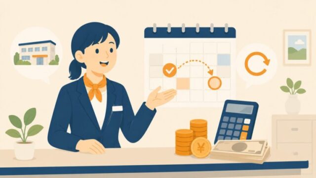 予定変更と会計を案内する受付スタッフのイラスト