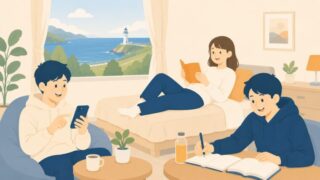 宿舎でくつろぎ景色を楽しむ若者のイラスト