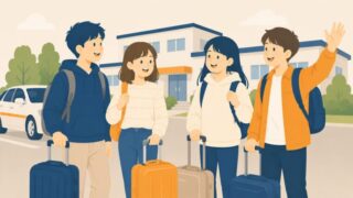 教習所前で笑顔の友達グループのイラスト