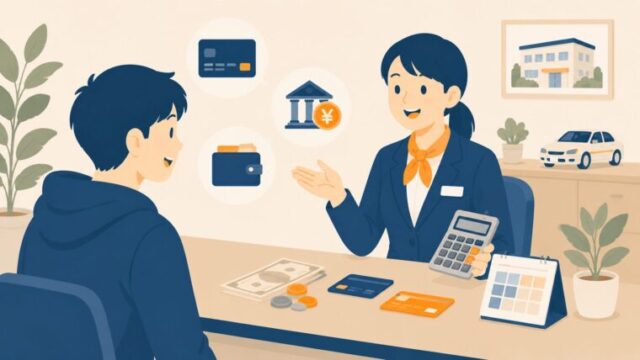 支払い方法を説明する受付スタッフのイラスト
