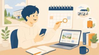 予約サイトを見て計画する若者のイラスト