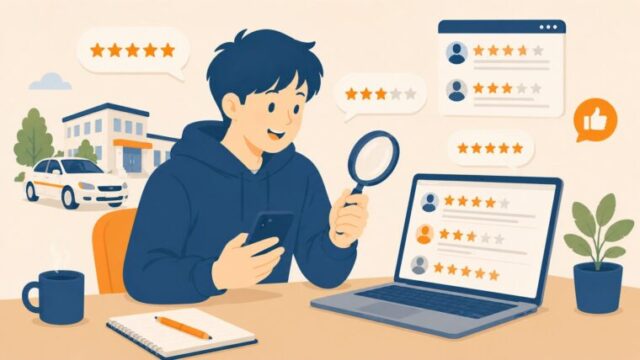スマホで口コミの星評価を見比べる若者のイラスト