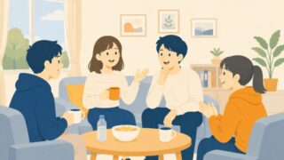宿舎の談話スペースで交流する若者のイラスト