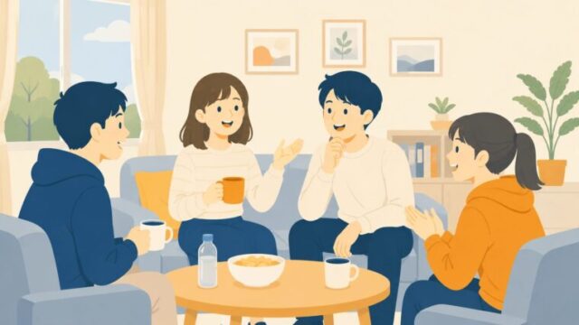 宿舎の談話スペースで交流する若者のイラスト