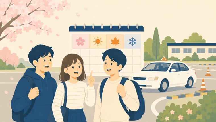 春の教習所で楽しそうな大学生のイラスト