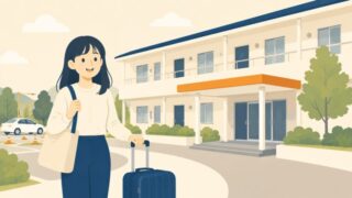 キャリーケースを持つ女性と教習所の宿舎のイラスト