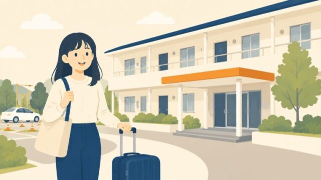 キャリーケースを持つ女性と教習所の宿舎のイラスト