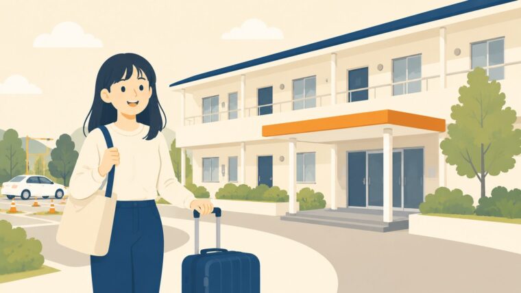 キャリーケースを持つ女性と教習所の宿舎のイラスト