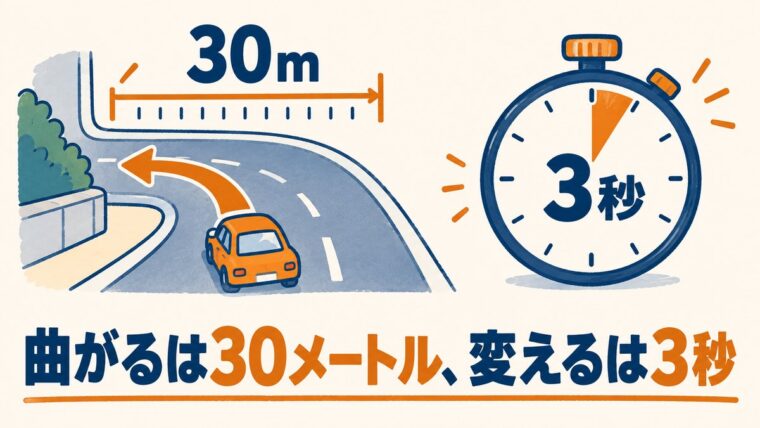 右左折は30メートル手前、進路変更は3秒前という合図の時期を表した語呂合わせのイラスト