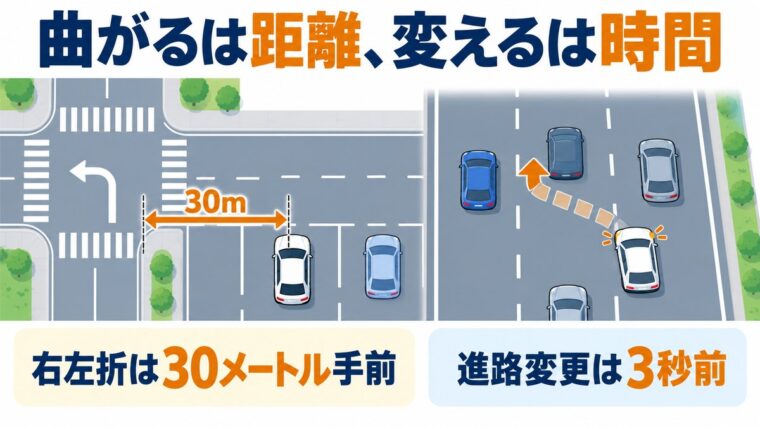 右左折は30メートル手前、進路変更は3秒前に合図を出すことを示した図