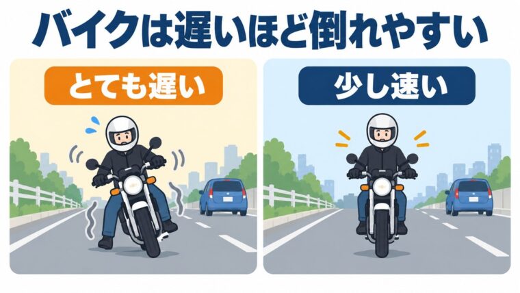 バイクは速度があるほど安定し、遅くなるほど倒れやすくなることを示した図