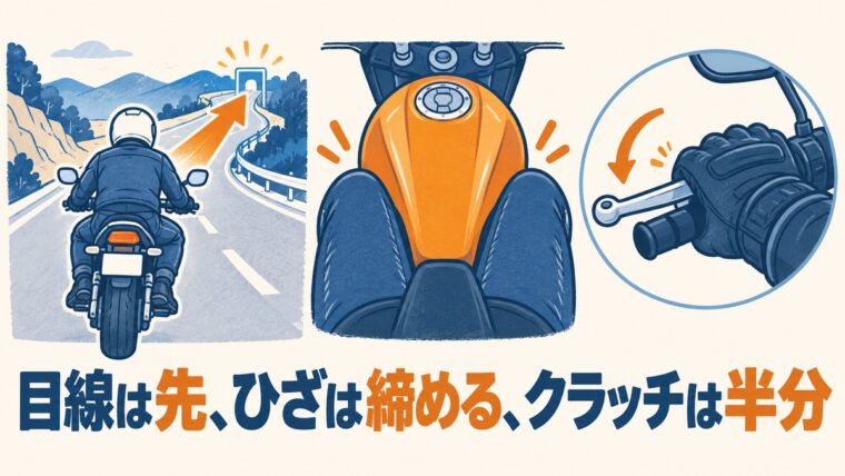 一本橋を渡るときの目線・ニーグリップ・半クラッチの3つのコツを表したイラスト