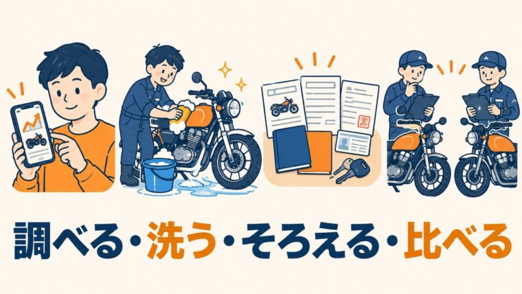 バイクを高く売るために相場を調べ、洗車し、書類をそろえ、複数社に査定を出す手順を表したイラスト