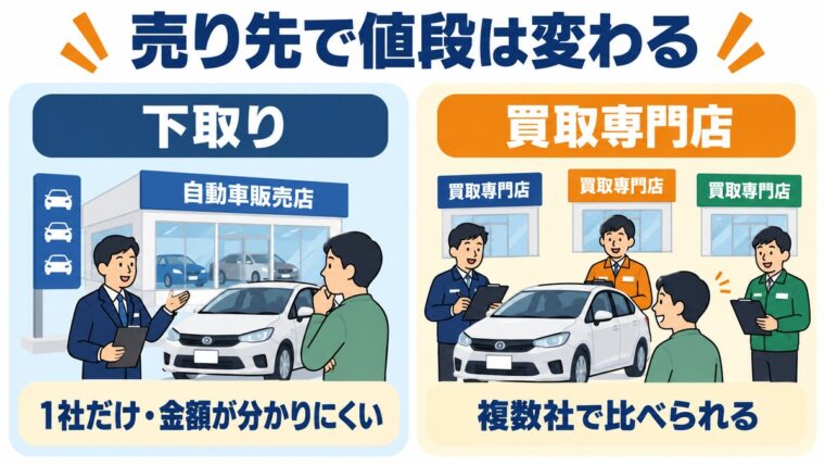 販売店の下取りと買取専門店の買取で値段の付き方が違うことを示した図