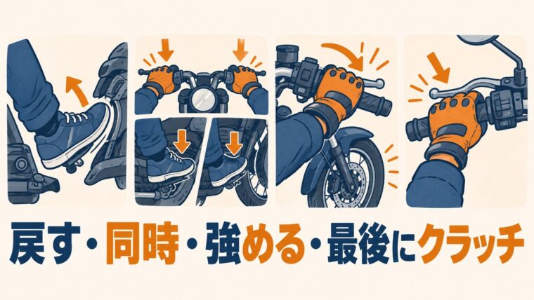 急制動でアクセルを戻し、前後同時にブレーキをかけ、止まる直前にクラッチを切る順番を表したイラスト