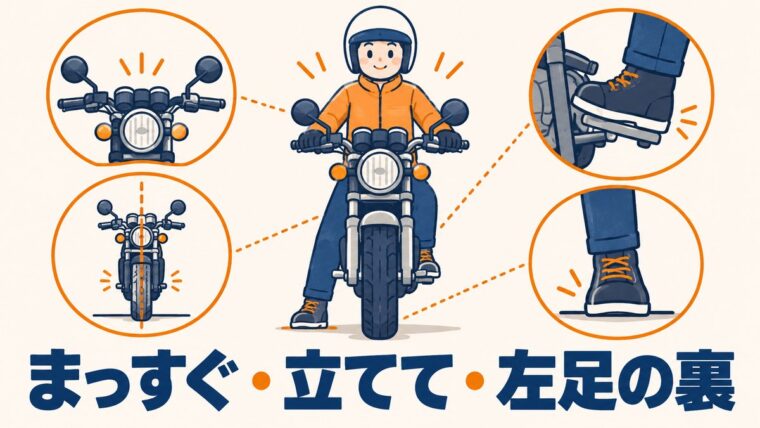 バイクを止めるときハンドルをまっすぐにし、車体を立てて、左足の裏を着く手順を表したイラスト