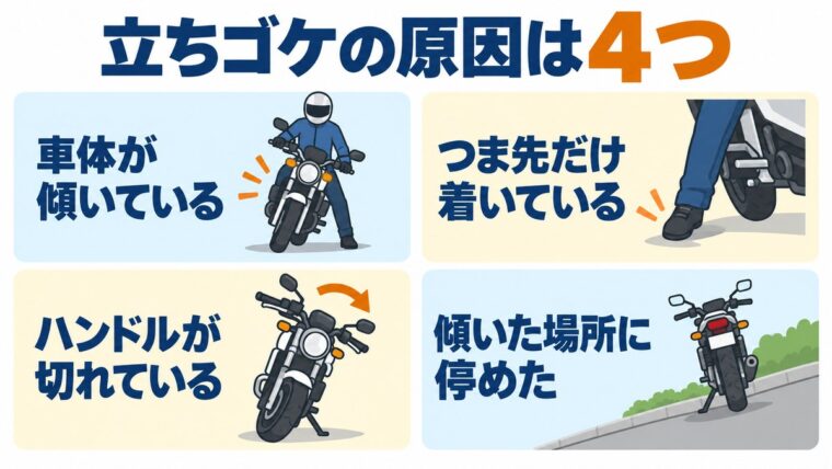 立ちゴケの原因が車体の傾き・足の着き方・ハンドルの向き・停める場所の傾斜であることを示した図