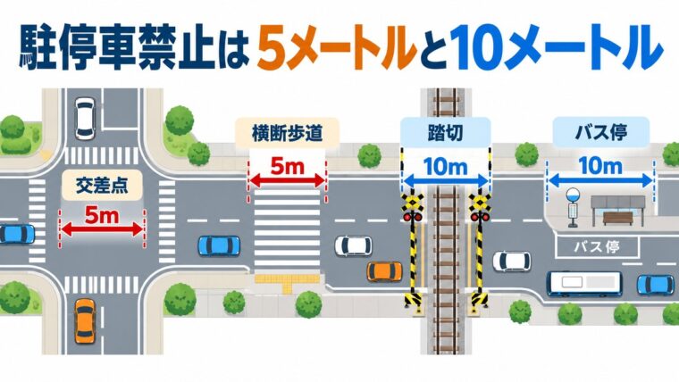 駐停車禁止の場所を5メートル・10メートルのグループに分けて示した図