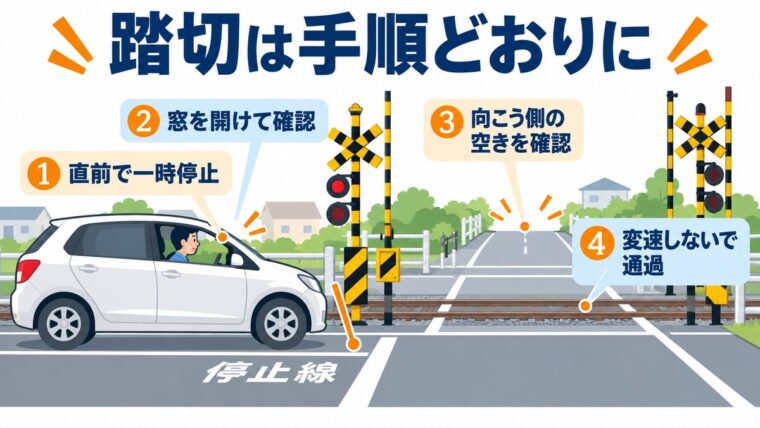 踏切の直前で一時停止し、窓を開けて安全を確認し、低速ギアのまま中央寄りを通過する手順を示した図