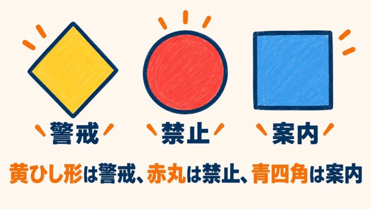 黄色いひし形は警戒、赤い丸は禁止、青い四角は指示や案内という標識の見分け方を表したイラスト
