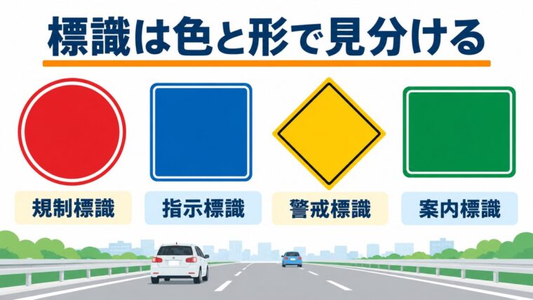規制標識・指示標識・警戒標識・案内標識の4種類を色と形のちがいで並べた図