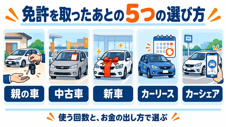 免許取得後の車の選択肢を親の車・中古車・新車・カーリース・カーシェアの5つで示した図