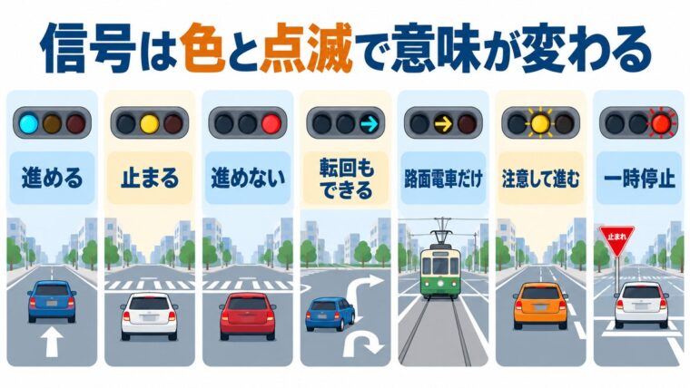 青・黄・赤の信号と矢印信号、点滅信号の意味を並べて示した図