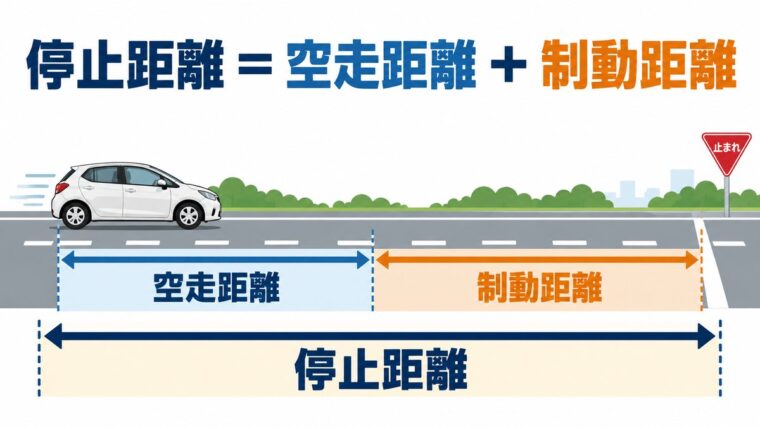 危険を感じてから車が止まるまでを空走距離と制動距離に分けて示した図