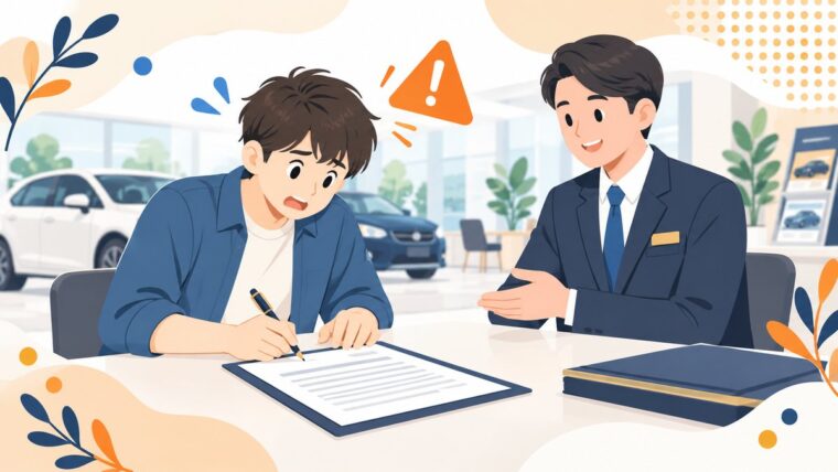 販売店で保険の申込書にそのままサインしてしまう若者のイラスト