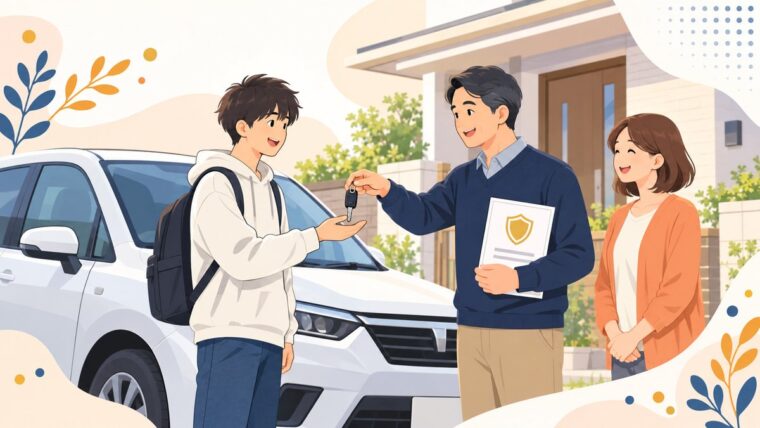 親が子どもに車のカギを渡し、親の保険を確認する場面のイラスト