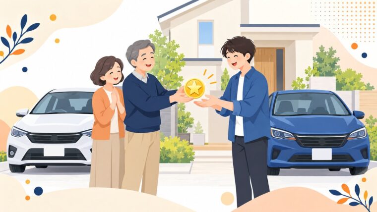 親から同居の子どもへ等級を引き継ぐ場面のイラスト
