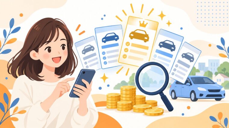 スマホの一括見積もりで保険料を比べるイラスト